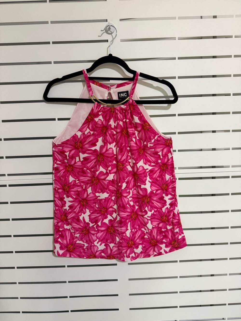 INC International Concepts Hot Pink Floral Halter Top with Gold Accent